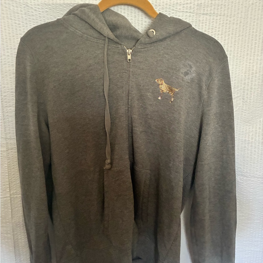 PINK by Victoria’s Secret Zip Up Hoodie Size Large Gray Sequin Logo - Picture 2 of 4